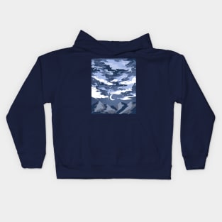 Blue cloudy sky above mountains with a crescent moon Kids Hoodie